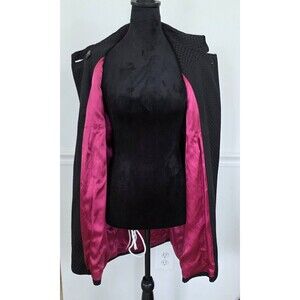 Cortefiel Woman Black Textured Jacquard Coat Size M 3/4 Sleeve Pink Lining